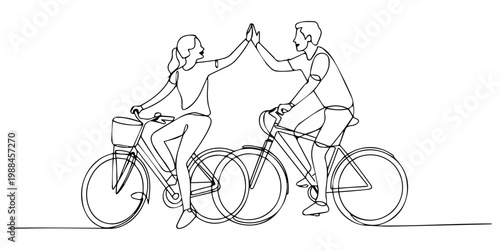 Single one line drawing young happy couple riding bicycle romantically holding hands together at outdoor park, Male and female take their hand and connecting together gesture. Relationship concept pro