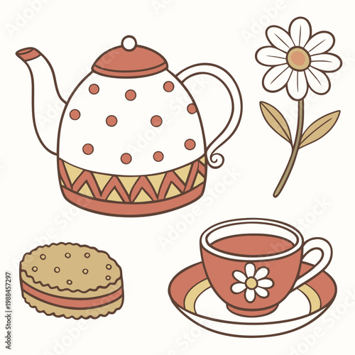A colorful vector illustration of a tea set with a teapot, cup, saucer, sandwich, and flower