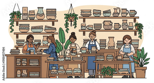 Pottery Shop Interior with Customers and Staff.