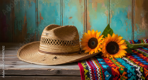 Happy cinco de mayo festive straw hat sunflowers vibrant colors for celebration