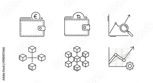 Digital currency and blockchain technology icons for finance and investment.