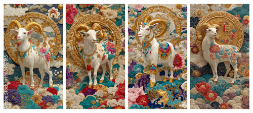 Four elegant goat portraits featuring intricate gold details and vibrant floral patterns in a traditional style