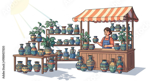 Pottery stall with vendor and various ceramic items displayed outdoors.