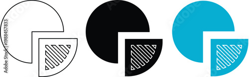 Three minimalist pie chart icons in monochrome and blue for data visualization