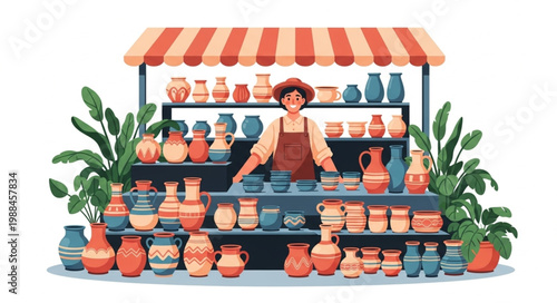 Pottery stall with vendor selling handmade ceramic vases and pots.