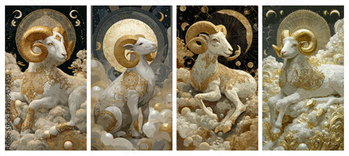 Ornate golden ram artwork depicting the powerful and majestic Aries zodiac sign amidst celestial elements.