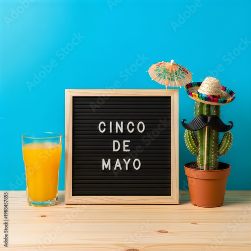 Happy cinco de mayo celebration festive letter board with cactus and orange drink