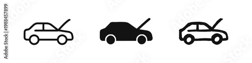 Car with Open Hood Icons Set - Vehicle Breakdown and Maintenance Symbol