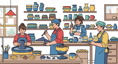 Pottery Studio Scene with Artisans Creating Ceramics.