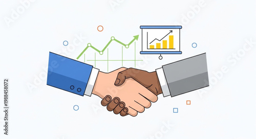 Two hands shaking in agreement with business charts in background.