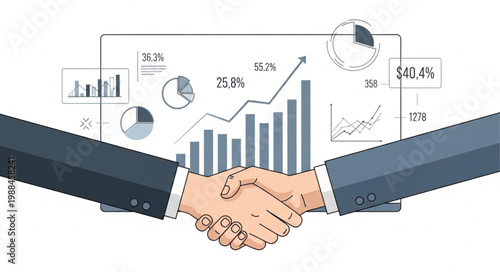 Business handshake with financial charts and graphs illustration.