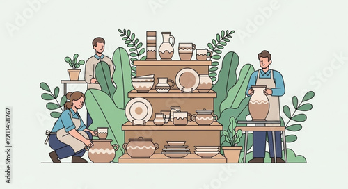 Pottery workshop with artisans creating ceramic art.