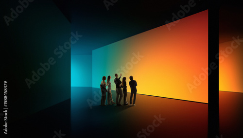 Group exploring colorful immersive digital installation space with glowing gradient walls. Concept of tech art spaces, collaborative exploration, immersive environments and futuristic visuals.