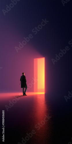 Man standing near glowing portal doorway in dark futuristic minimal space. Concept of transition, opportunity, digital gateway, future environments and personal journey into unknown tech driven worlds