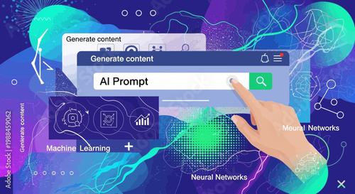 Digital interface with a hand typing an AI prompt, illustrating the innovative process of content generation through machine learning and advanced technology for creative solutions