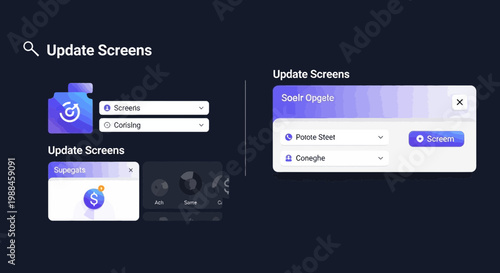 Modern dark mode software interface showcasing update screens and search functionality, with interactive elements and customizable settings for digital display management and system optimization