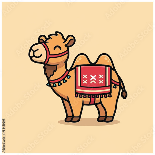 Cute Cartoon Camel with Saddle and Harness.