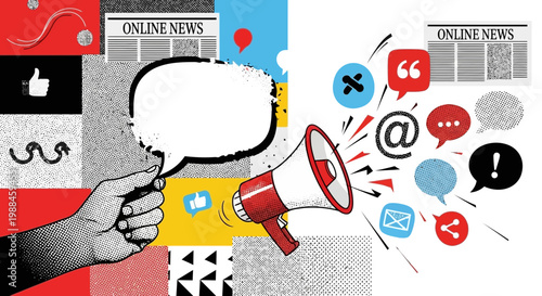 Dynamic visual concept representing the widespread impact of digital communication, social media, and online news dissemination through various channels and public outreach efforts
