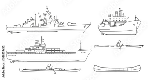 Collection of Hand Drawn Nautical Vessels and Boats.