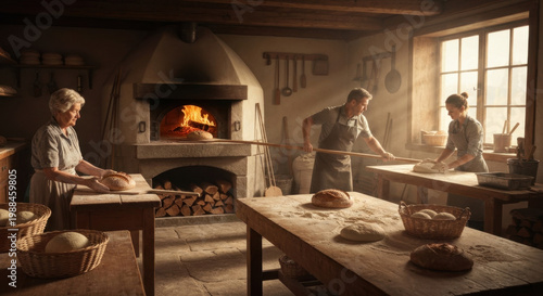 Multigenerational villagers baking traditional sourdough rye bread in rustic Bavarian community Brotbackhaus during warm golden hour