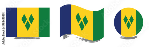 Saint Vincent and the Grenadines Flag Set Flat Waving and Round Icon Design
