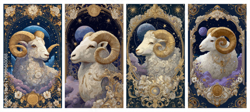 Four majestic rams depicted within intricate gold filigree frames featuring detailed celestial and floral ornamental art