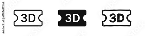 3D Movie Ticket Admission Icon Set - Outline, Solid, and Doodle Styles