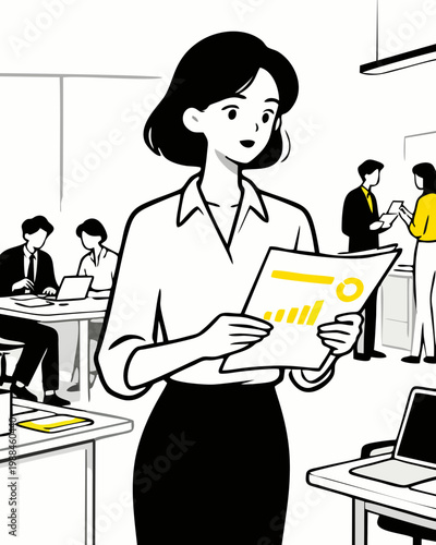 Minimalist flat vector illustration a smiling businesswoman reading a business report in an office
