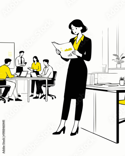 Minimalist flat vector illustration a smiling businesswoman reading a business report in an office