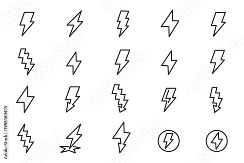 Collection of black lightning bolt icons and symbols on a white background representing energy and power