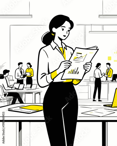 Minimalist flat vector illustration a smiling businesswoman reading a business report in an office
