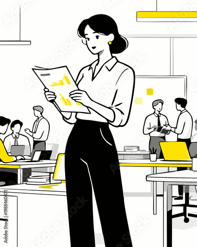 Minimalist flat vector illustration a smiling businesswoman reading a business report in an office