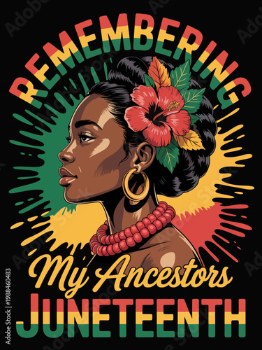 A vibrant illustration of a woman with afrocentric accessories, symbolizing pride and heritage.