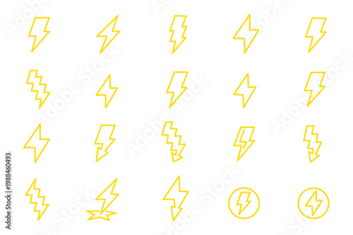 Collection of black lightning bolt icons and symbols on a white background representing energy and power