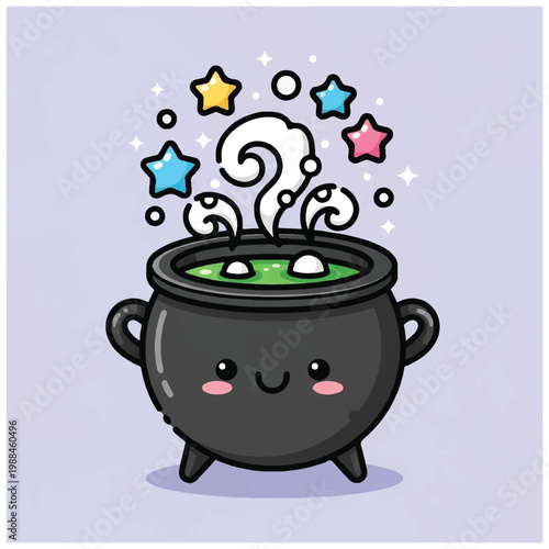 Cute Kawaii Witch Cauldron with Bubbling Potion and Stars.