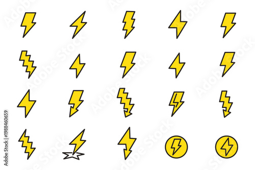 Collection of black lightning bolt icons and symbols on a white background representing energy and power