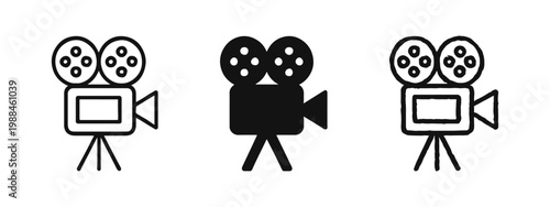Vintage Movie Camera on Tripod Icon Set - Outline, Solid, and Doodle Styles
