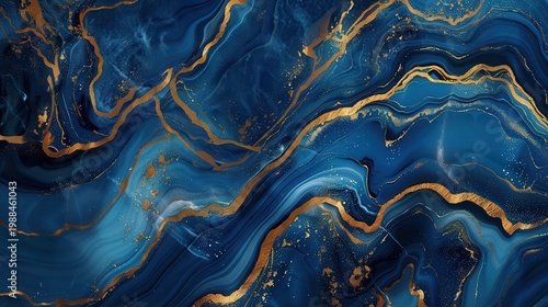 Blue and gold abstract painting with metallic accents and wavy patterns Modern digital art Contemporary design background