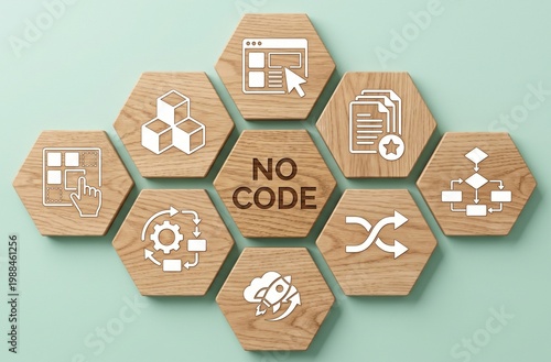 Wooden hexagonal tiles forming a honeycomb pattern present the concept of no code development, featuring icons for visual interfaces, modular blocks, automated workflows, and rapid app deployment.