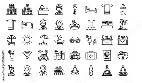 Resort Hotel Vacation Outline Icon Set Black Line Travel and Beach Service Symbols Vector