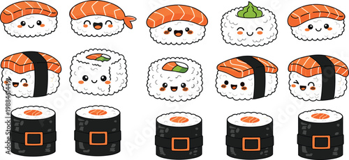 Cute Kawaii Cartoon Sushi Collection Set with Salmon Nigiri Maki Roll Rice and Happy Face Japanese Food Characters