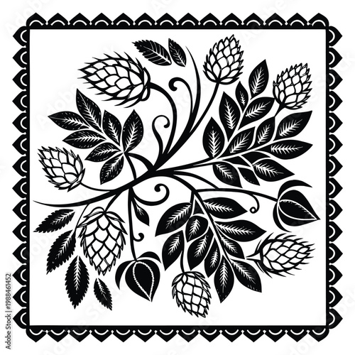 Black and white botanical of hop cones and leaves in a square frame hops