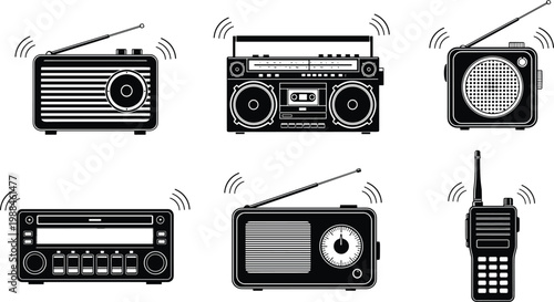 Vintage Retro Radio and Boombox Silhouette Collection Set with Walkie Talkie Antenna and Classic Music Device Elements