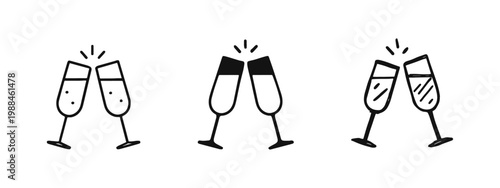Cheers Champagne Glasses Toast Icon Set - Outline, Solid, and Doodle Styles