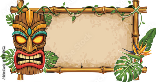 Hawaiian Tiki Mask Bamboo Frame Banner with Tropical Monstera Leaf Vine and Exotic Flower Decoration Illustration