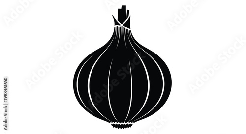 A stark black silhouette depicts a single onion showcasing its layered structure and tapered form