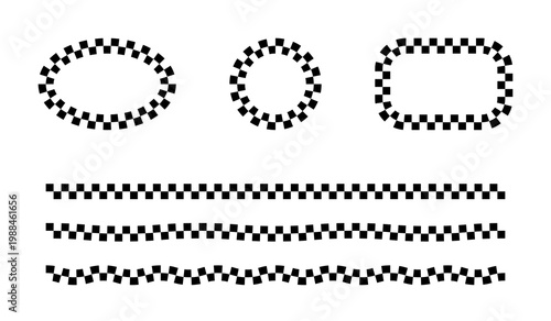 Checkered frame set and border lines with race flag pattern for sports and automotive design.
