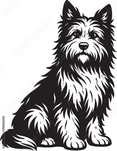Black and white silhouette of a fluffy terrier dog sitting attentively, with detailed fur texture also transparent background