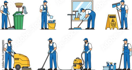 Cartoon janitor vector illustration featuring cleaning workers performing sweeping, mopping, vacuuming, window washing, and organizing supplies activities