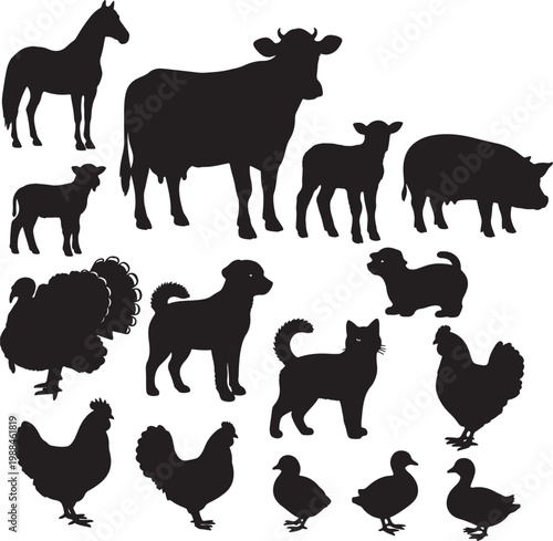 Collection of black silhouettes of farm and domestic animals, including horse, cow, lamb, pig, turkey, dog, cat, chickens, and ducks, isolated on white background, also transparent background